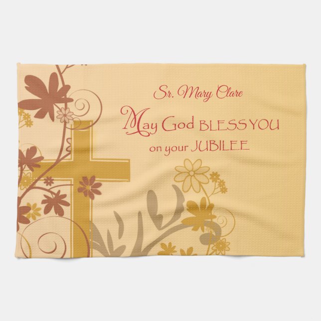 Personalise, Jubilee Anniversary Nun Cross, Swirls Tea Towel (Horizontal)