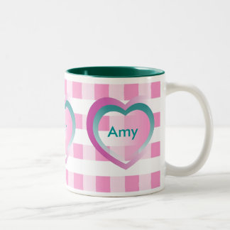 Personalise Kids Names Pink Gingham Hearts Mug