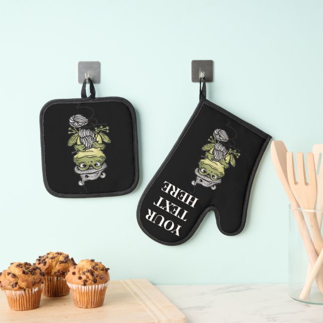 Personalise Kitchen Gift Cute Knitting Frog Change Oven Mitt & Pot Holder Set (Insitu(Hanging))