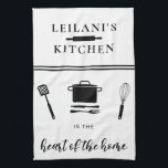 Personalise Kitchen Heart Home White Tea Towel<br><div class="desc">Personalise design featuring kitchen utensils and the quote,  "kitchen is the heart of the home."</div>