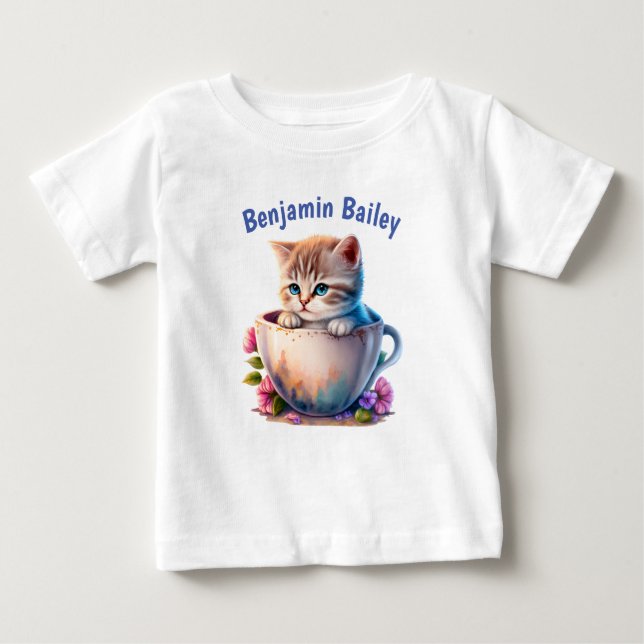 Personalise Kitten in a tea cup Baby T-Shirt (Front)