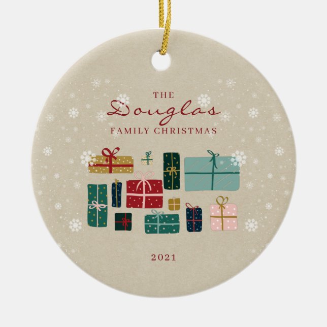 Personalise Kraft Family Christmas Gifts Ceramic Ornament (Front)