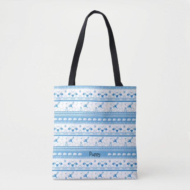 Personalise Labrador Guide Dog Tale Pattern Blue Tote Bag (Front)
