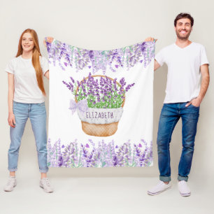 Personalise Lavender Floral Purple Green Basket Fleece Blanket