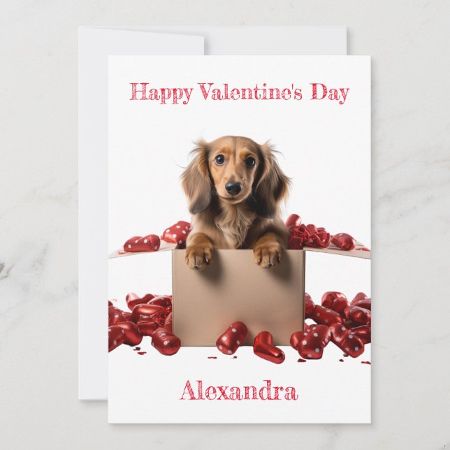 Personalise Long Hair Dachshund Pup Valentine Holiday Card (Front)