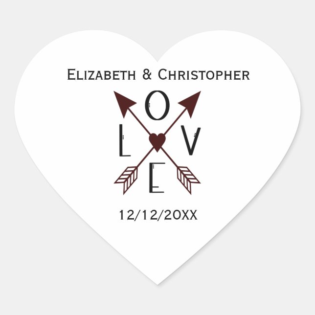 Personalise Love Arrows Wedding Engagement Heart Sticker (Front)