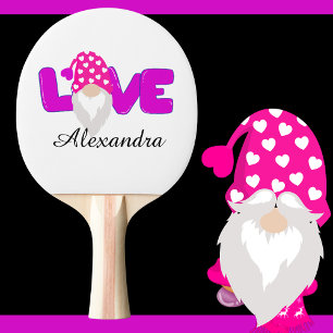 Personalise Love Gnome Heart Pink Purple Ping Pong Paddle