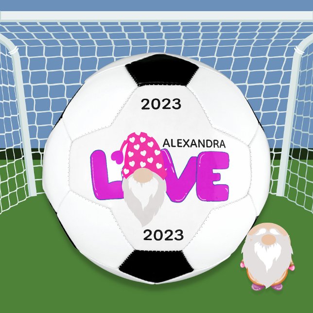 Personalise Love Gnome Heart Pink  Purple  Soccer Ball (Creator Uploaded)