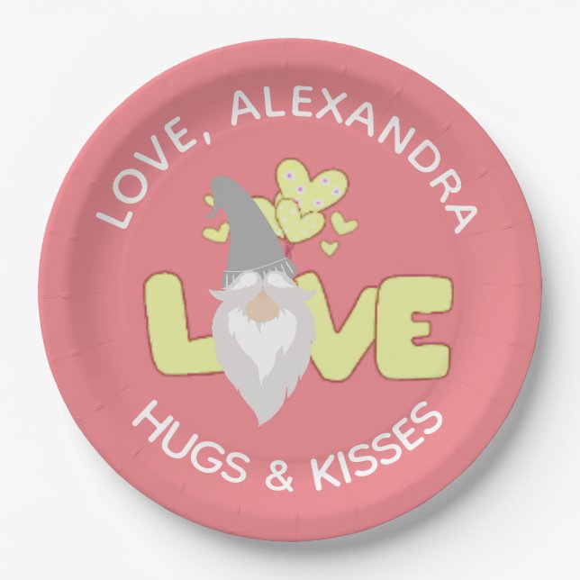 Personalise Love Gnome Heart Yellow And Grey  Paper Plate (Front)