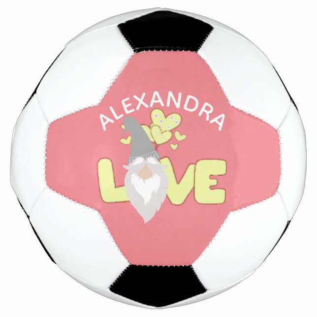 Personalise Love Gnome Heart Yellow And Grey Soccer Ball (Front)