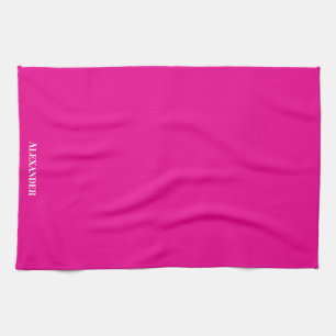 Personalise Magenta Bright Pink Plain Solid White Tea Towel