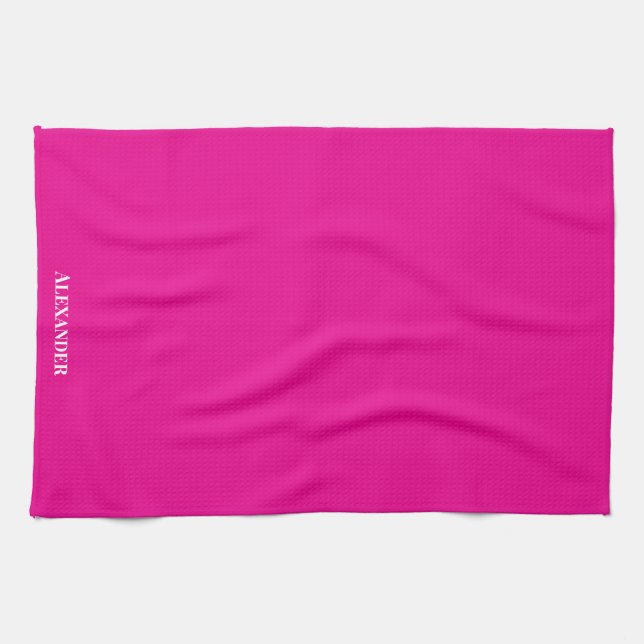 Personalise Magenta Bright Pink Plain Solid White Tea Towel (Horizontal)