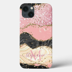 Personalise Marble Pink Sparkle Gold Glitter Agate iPhone 13 Case