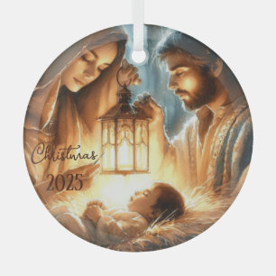 Personalise Mary & Joseph Watching Over Baby Jesus Glass Tree Decoration
