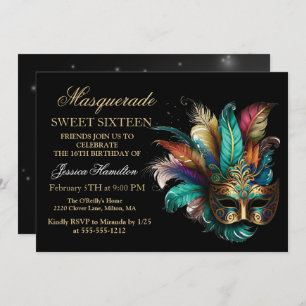 Personalise Masquerade Mask Teal Glitter Sweet 16 Invitation