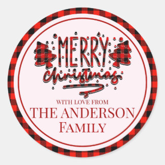 Personalise Merry Christmas buffalo red plaid Classic Round Sticker