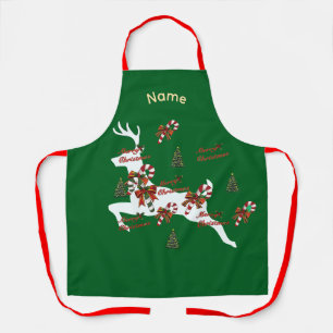 Personalise Merry Christmas Deer Dk Green Holiday Apron