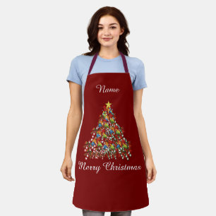Personalise Merry Christmas Dk Red Holiday  Apron