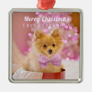 Personalise Merry Christmas & Name, Cute Dog/Tree Metal Ornament