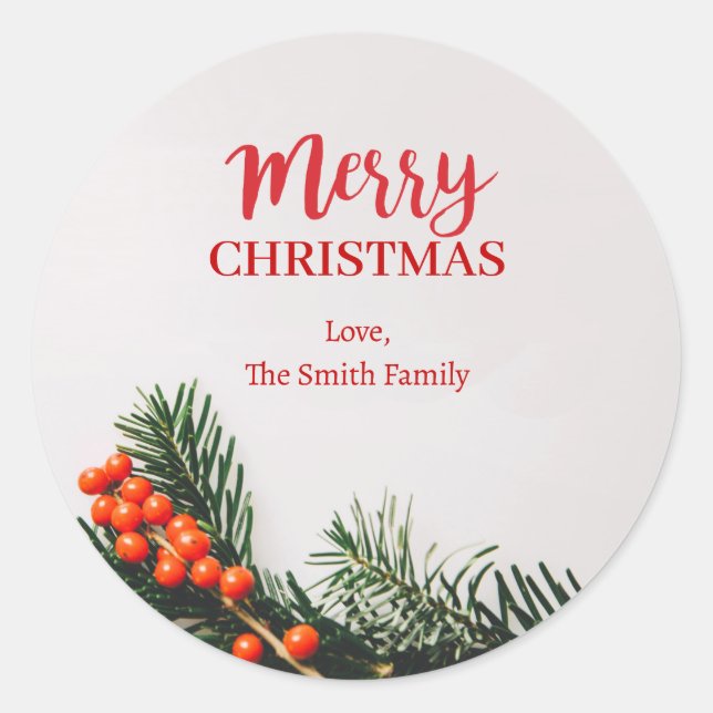 Personalise Merry Christmas Wreath Stripe Classic Round Sticker (Front)
