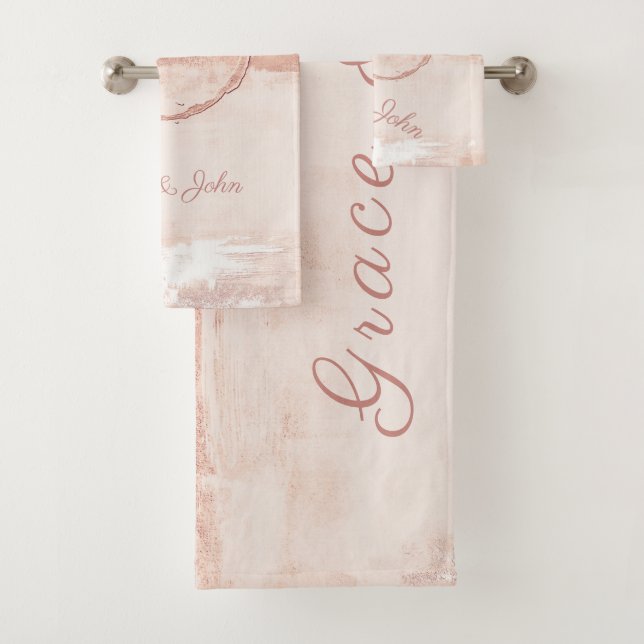 Personalise Modern Art Style Soft Pink Peach Bath Towel Set (Insitu)