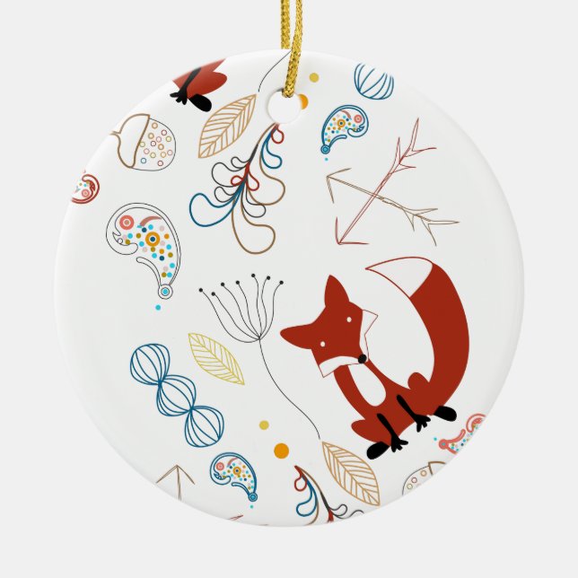 Personalise Modern Fox  Woodland Pattern Ceramic Ornament (Front)