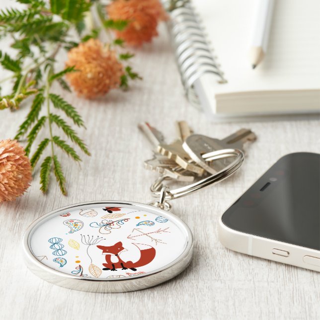 Personalise Modern Fox  Woodland Pattern Key Ring (Side)