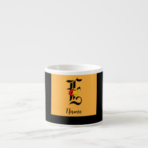 Personalise Monogram E Floral Black Orange Espresso Cup