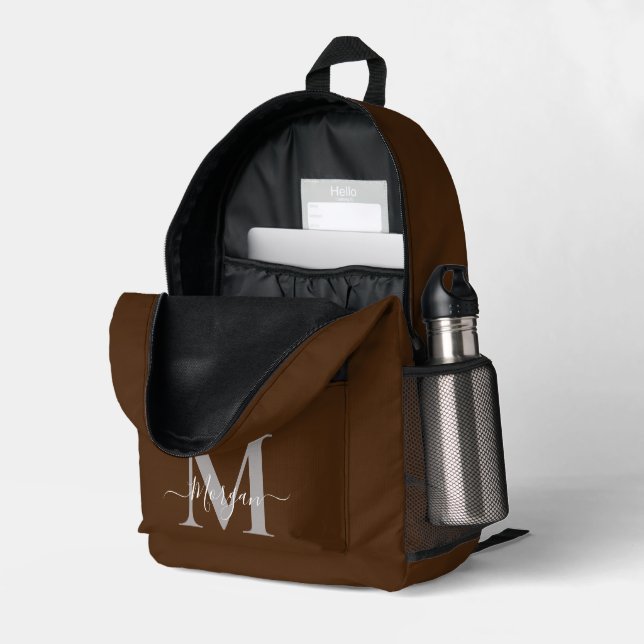 Personalise Monogram Initial Name Chocolate Brown Printed Backpack (Back Corner Right (Open))