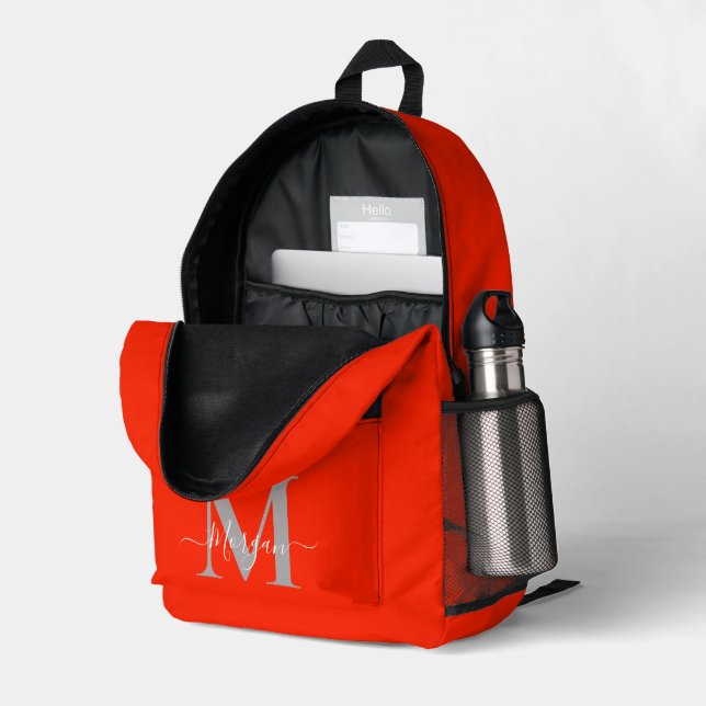Personalise Monogram Initial Name Orange Printed Backpack (Back Corner Right (Open))