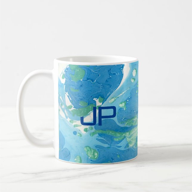 Personalise Monogram Modern Abstract Art Blue Coffee Mug (Left)