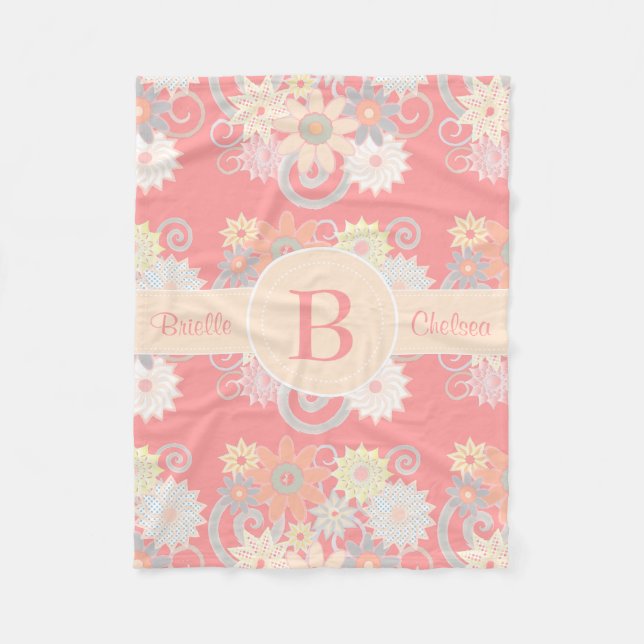 Personalise Monogram Watercolor Flowers, Pink Fleece Blanket (Front)