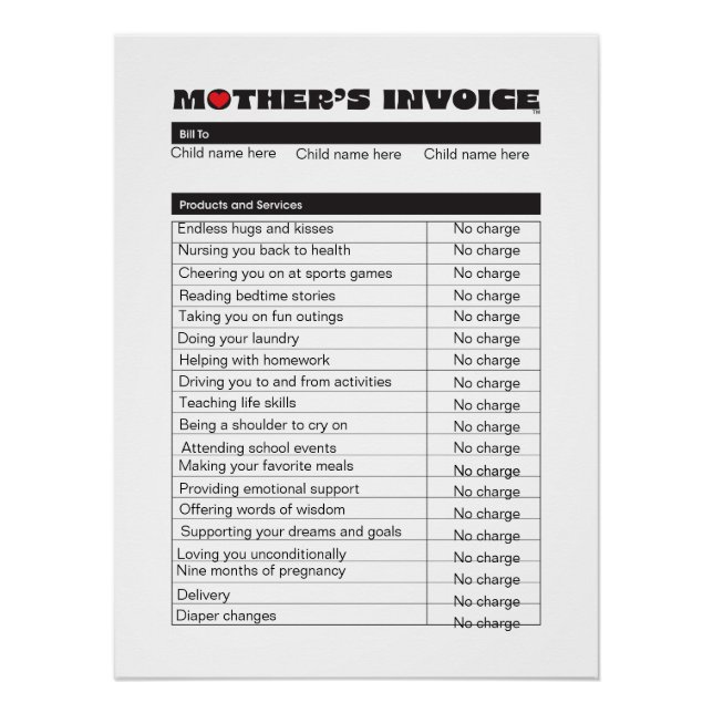 Personalise Mother's Day Invoice Custom Gift 4 Mum Poster (Front)