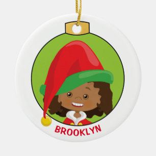 Personalise Multicultural Girl Elf Ceramic Ornament