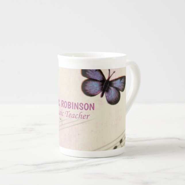 Personalise, Music Butterflies Thanks Teacher Bone China Mug (Front Right)