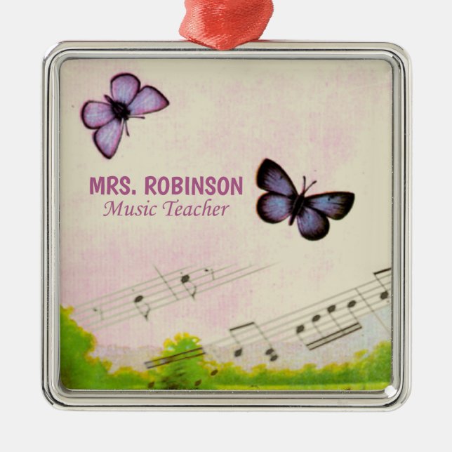 Personalise, Music Butterflies Thanks Teacher Metal Ornament (Front)