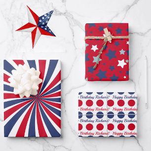 Personalise Name 4th of July Red White Blue Stars Wrapping Paper Sheet