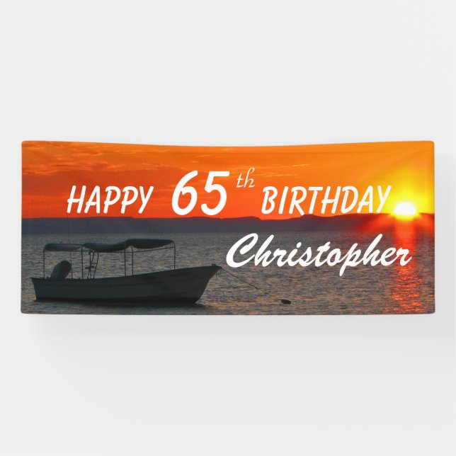Personalise Name 65th Birthday Fishing Boat Sunset Banner (Horizontal)