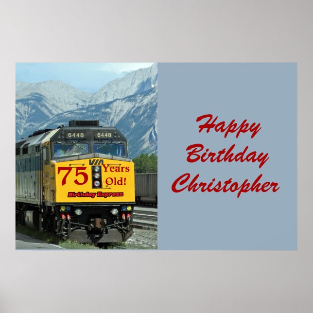 Personalise Name 75th Birthday Yellow Train Engine Poster (Front)