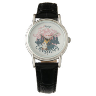 Personalise name aesthetic girl camping t-shirt watch