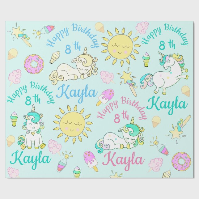Personalise Name & Age Unicorn Birthday Party Wrapping Paper (Flat)