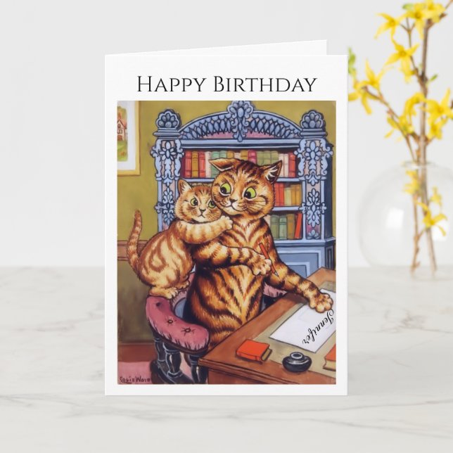 Personalise Name Birthday Cats Kitten Louis Wain Card (Yellow Flower)