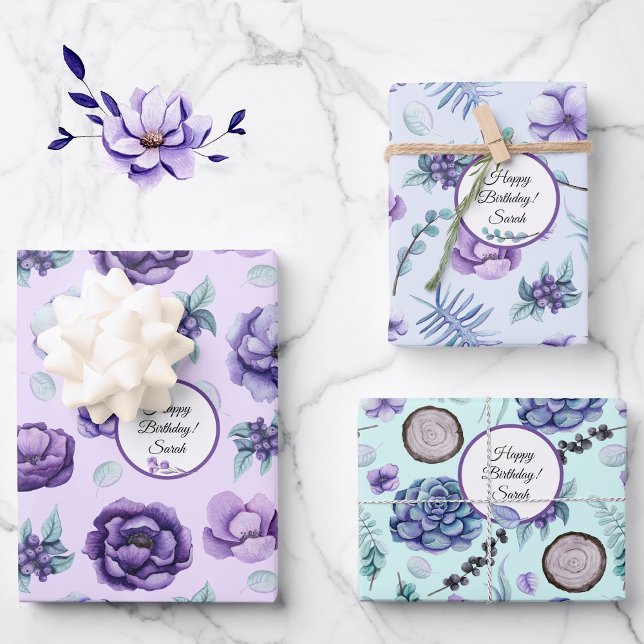 Personalise Name Birthday Flowers in Lavender Teal Wrapping Paper Sheet (Creator Uploaded)