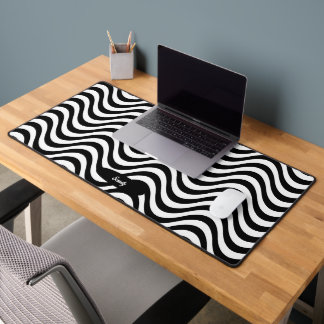 Personalise Name Black White Wavy Stripes Hypnotic Desk Mat