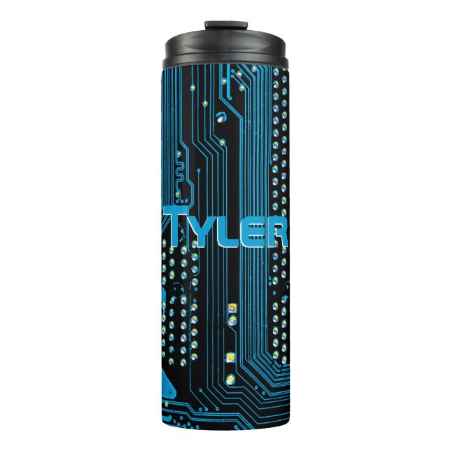 Personalise Name, Blue Circuit Board, Black Thermal Tumbler (Front)