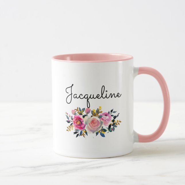 Personalise Name Blush Peonies Floral Bouquet Gift Mug (Right)