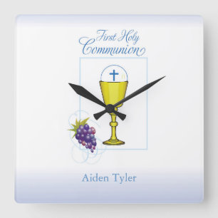 Personalise Name Boy First Communion Chalice, Host Square Wall Clock