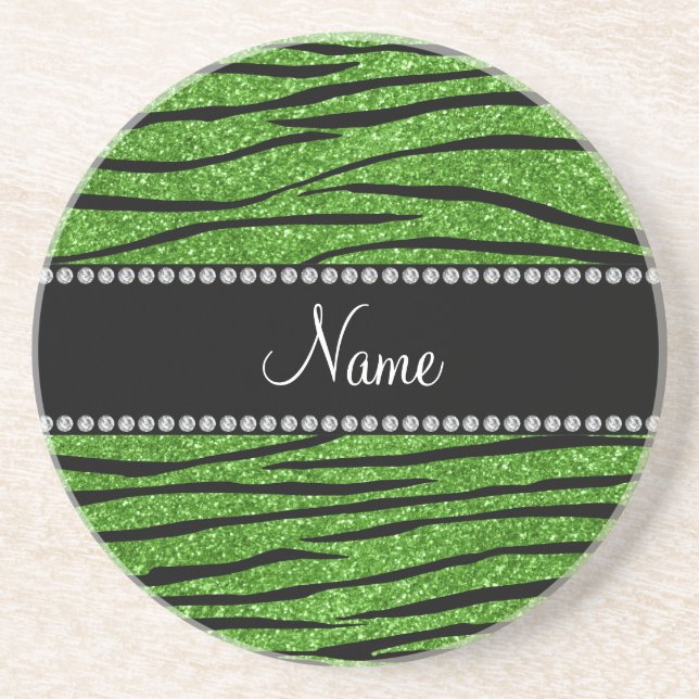 Personalise name bright green glitter zebra stripe coaster (Front)
