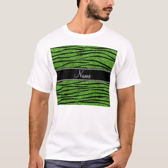 Personalise name bright green glitter zebra stripe T-Shirt (Front)