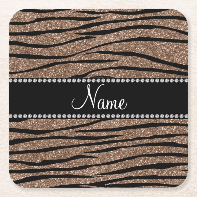 Personalise name brown glitter zebra stripes square paper coaster (Front)